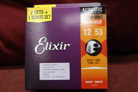 Elixir 16052 Nanoweb phosphor bronze acoustic guitar strings 12-53 (TRIPLE PACK)