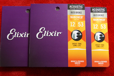 Elixir 11052 Nanoweb coated light 12-53 acoustic guitar strings (3 PACKS)