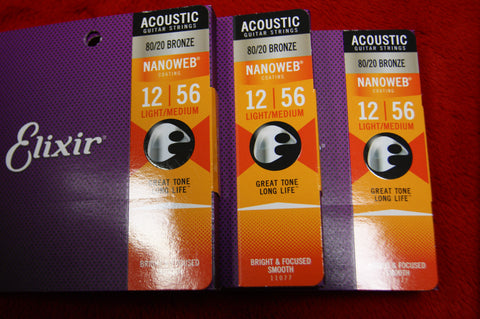 Elixir 11077 Nanoweb coated light/medium 12-56 acoustic guitar strings (3 PACKS)
