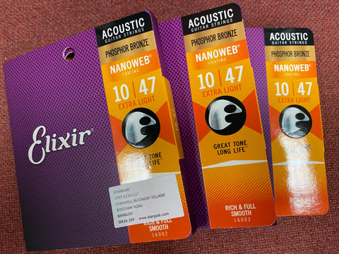 Elixir Nanoweb coated E16002 10-47 phosphor bronze acoustic guitar strings extra light (3 PACKS)