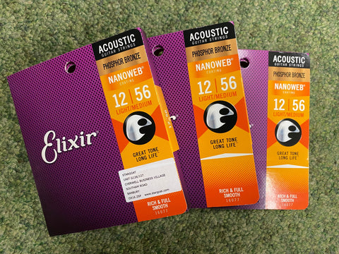 Elixir 16077 Nanoweb coated 12-56 phosphor bronze acoustic guitar strings light medium (3 PACKS)