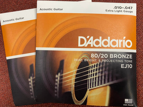 D'Addario EJ10 extra light acoustic guitar strings 10-47 (2 PACKS)