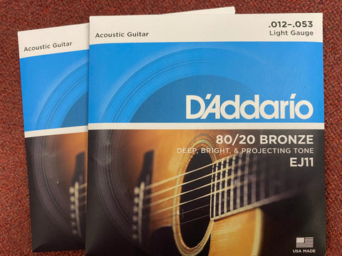 D'Addario EJ11 light gauge acoustic guitar strings 12-53 (2 PACKS)
