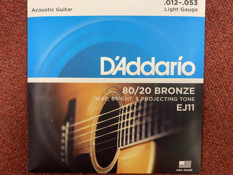 D'Addario EJ11 light gauge acoustic guitar strings 12-53