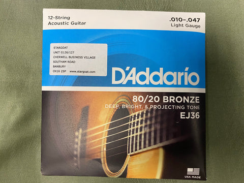 D'Addario EJ36 12 string acoustic guitar strings 10-47