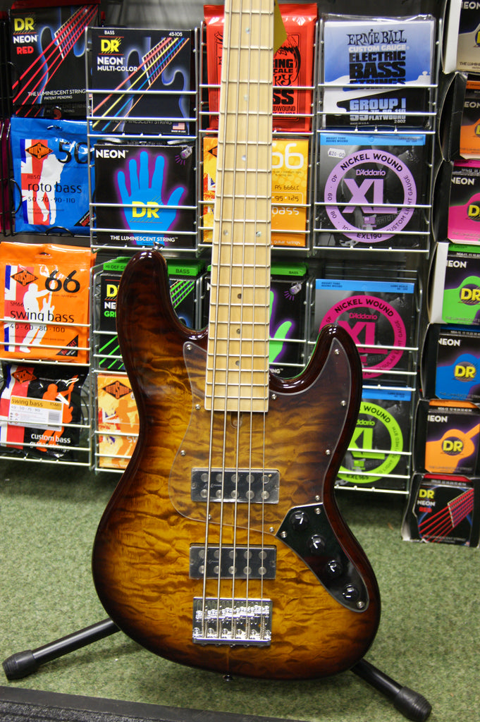 Revelation RBN 5 string bass guitar in quilted maple dark sunburst