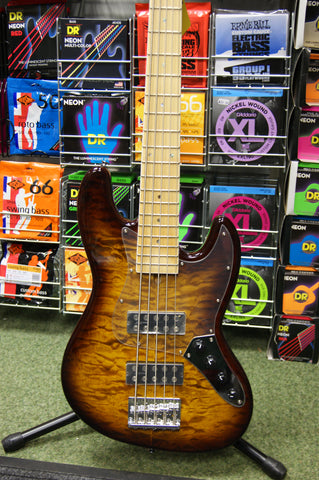 Revelation RBN 5 string bass guitar in quilted maple dark sunburst
