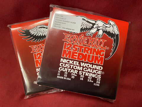 Ernie Ball 2236 custom gauge 12 string nickel wound set with a wound 3rd 24 gauge string (2 packs)