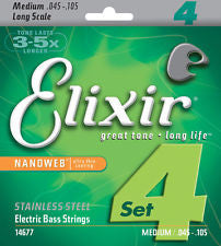 Elixir 14677 Nanoweb stainless steel electric bass guitar strings 45-105 (2 PACKS)