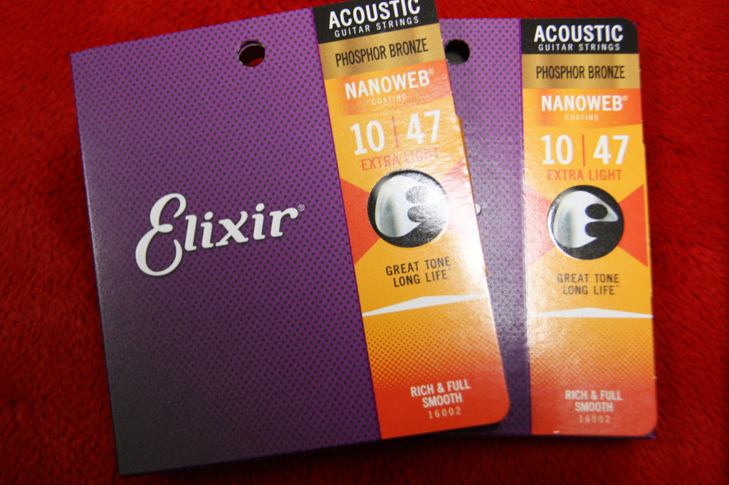 Elixir Nanoweb coated E16002 10-47 phosphor bronze acoustic guitar strings extra light (2 PACKS)