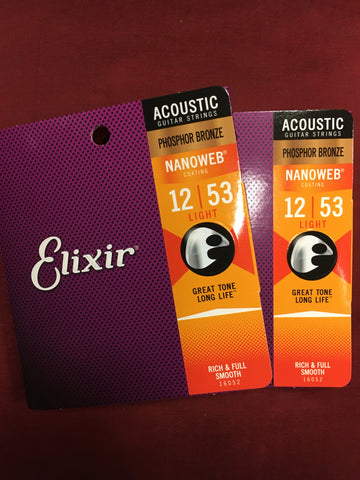 Elixir Nanoweb 16052 phosphor bronze acoustic guitar strings  - 012 - 053 (2 PACKS)