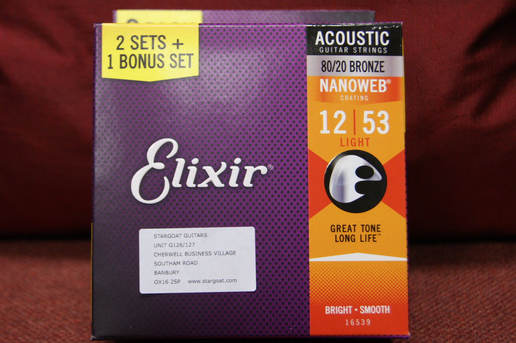 Elixir E16539 Nanoweb coated 12-53 acoustic guitar strings triple pack