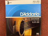 D'Addario EJ11 light 12-53 acoustic guitar strings (3 PACKS)