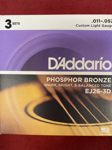 D'Addario EJ26 custom light acoustic guitar strings 11-52 (3 PACKS)